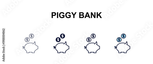 piggy bank  multi-style outline icon set - cryptocurrency concept. Thin line, regular, filled, colored piggy bank  icon