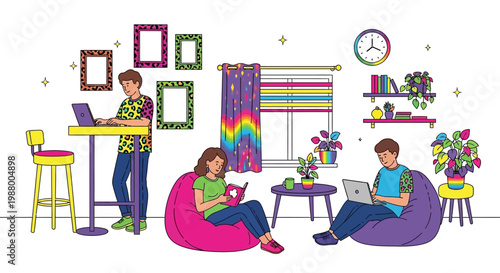 Young people studying and working in a cozy living room.