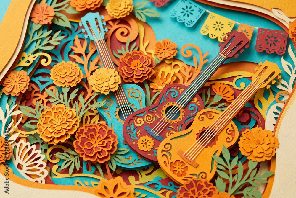 Fototapeta premium Intricate 3D Layered Paper Cut Cinco de Mayo Floral Design