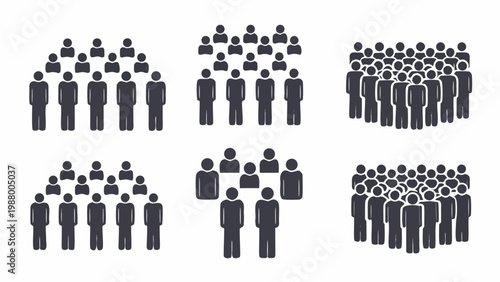 A collection of silhouetted figures arranged in groups of varying sizes and densities