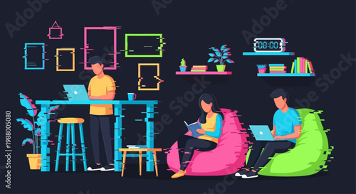 Young people working and studying in a modern coworking space.