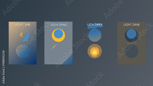 Four rectangular panels display abstract color gradients and shapes labeled with text