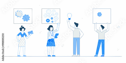 People presenting ideas and concepts with illustrations in a modern minimalist style