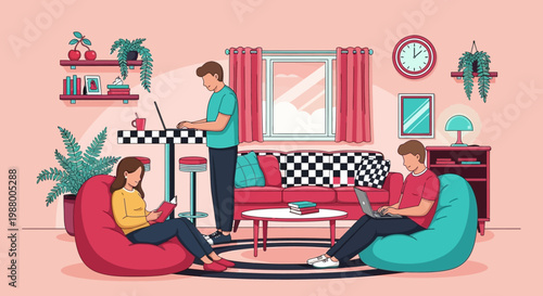 Three people working and relaxing in a cozy living room.