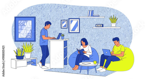 Three people working and relaxing in a modern coworking space.