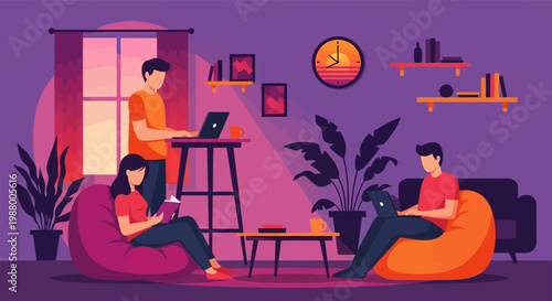 Three people working and relaxing in a modern living room.