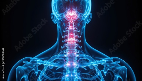 Illuminated Human Spinal Column, Skeletal System, and Skull Anatomy on Black Background