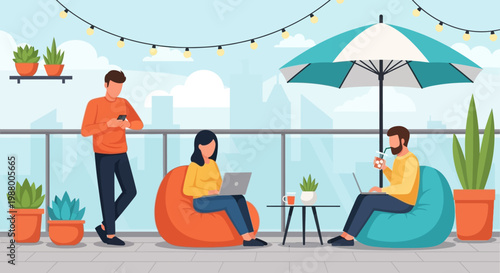 Three people working and relaxing on a balcony.