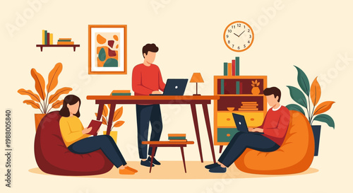 Three people working and studying in a modern co-working space.