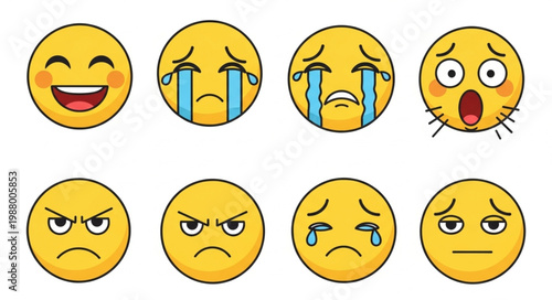 Collection of diverse emoji faces expressing various emotions and feelings.