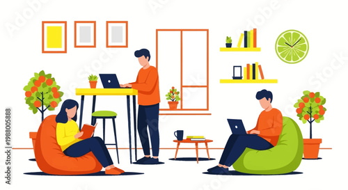 Three people working and studying in a modern co-working space.