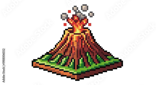 Pixel Art Volcano Erupting with Smoke and Lava.