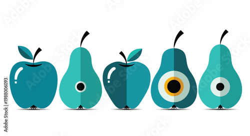A colorful stylized illustration depicts a row of apples and pears with unique designs