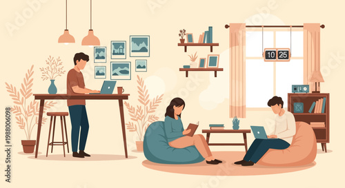 Young people working and studying together in a cozy living room.