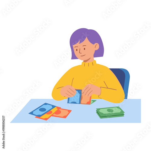 Woman counts money on a table with bills and a stack.