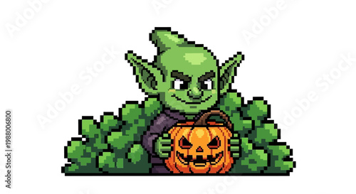 Pixel Art Green Goblin Holding Jack O Lantern Pumpkin.