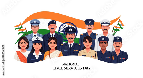 National Civil Services Day in India is celebrated with a vector illustration featuring a diverse group of government officials and civil servants standing proudly against a backdrop