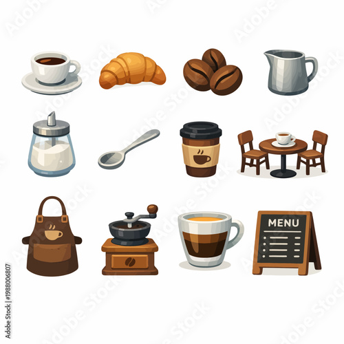 Coffee shop icons set: espresso, croissant, coffee beans, milk jug, sugar, table, apron, grinder, cup, menu