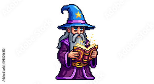 Pixel Art Wizard Reading Ancient Spell Book.