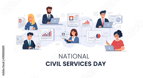 Vector illustration celebrating National Civil Services Day in India features civil servants connected by data streams and graphs, set against a clean white backdrop with a modern