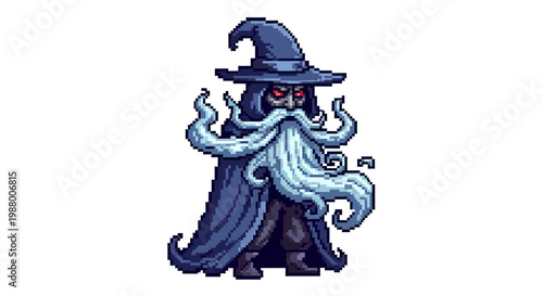 Pixel Art Wizard Character with Long Beard and Hat.