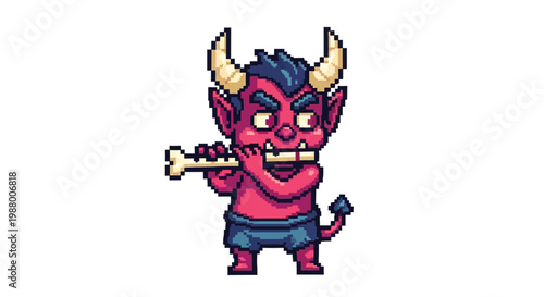 Pixel art devil character playing bone flute.