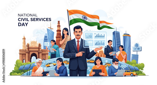 An illustration celebrates National Civil Services Day in India, showcasing civil servants in a vector graphic composition, set against famous Indian landmarks and the Indian flag