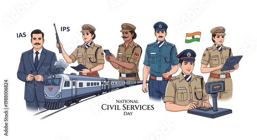 Vector illustration commemorating National Civil Services Day in India, portraying civil servants in uniform alongside a train, conveying themes of governance and public service