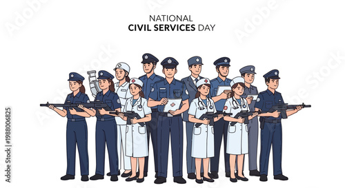 A vector illustration commemorates National Civil Services Day, depicting a diverse group of uniformed Indian government officials and civil servants standing together on a clean white