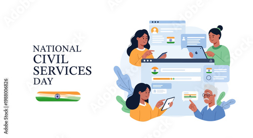 On National Civil Services Day, a vector illustration depicts Indian civil servants interacting with digital interfaces, showcasing public administration against a clean white background