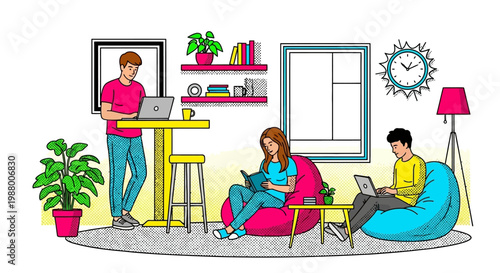 Young people working and studying together in a modern living space.