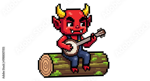 Pixel Art Devil Playing Banjo Sitting on Log.