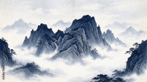 Traditional Chinese ink painting of dramatic misty mountain peaks with pine trees and cascading waterfalls rendered in indigo brushwork.