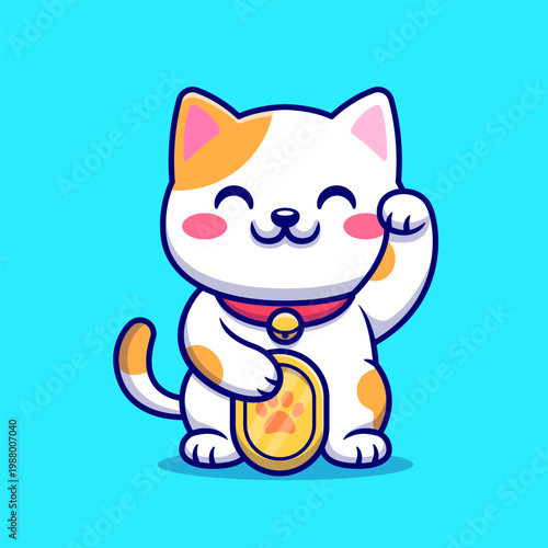 Cute Lucky Cat With Gold Coin Cartoon