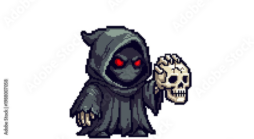 Pixel Art Grim Reaper Holding a Skull Character.