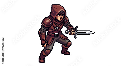 Pixel Art Rogue Character Holding a Sword Ready to Strike.