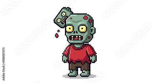 Pixel Art Zombie Character with Red Shirt and Torn Pants.