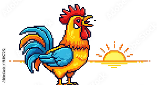 Pixel Art Rooster Crowing at Sunrise Illustration.