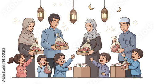 Illustrated vector scene depicting families participating in an Eid food donation, with parents and children holding packages of meat to share with those in need, set against a clean white