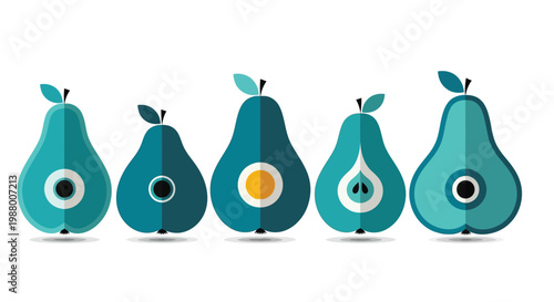 A row of stylized geometric pears in varying shades of teal and blue hues