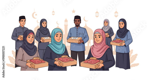 A diverse group of people cheerfully participates in an Eid charity vector illustration, each holding boxes of meat for sharing food, set against a clean white background with decorative