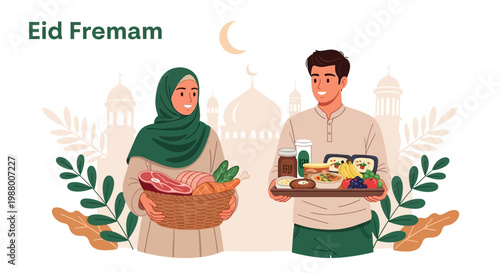 Illustrated scene depicts a man and woman participating in an Eid charity food donation, with the woman carrying a basket of vegetables and the man holding a tray of food, set