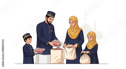 A loving Muslim family is depicted in a vector illustration, sharing meat and filling bags as part of an Eid charity donation, showcasing their generosity and community spirit