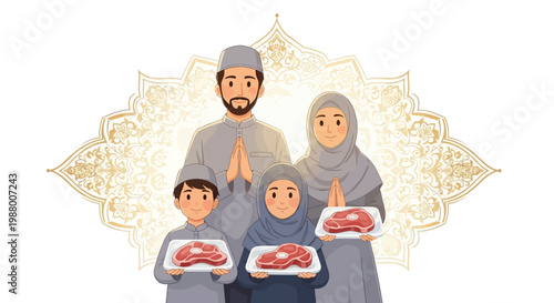 An eid charity vector illustration shows a Muslim family of four, including parents and two children, all dressed in grey, holding trays of meat, ready for donation in a warm, inviting