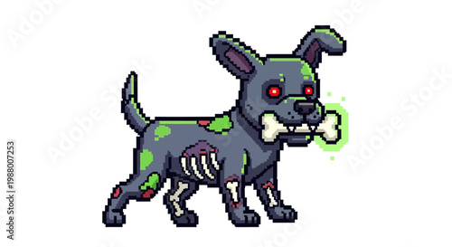 Pixel Art Zombie Dog Holding Bone with Glowing Effect.