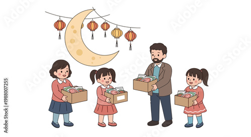 A heartwarming vector illustration shows a family participating in an Eid charity donation, with parents and children sharing boxes of food under a festive crescent moon and lantern