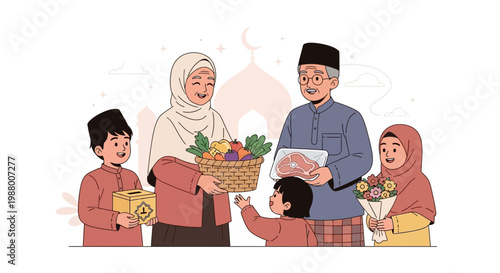 A heartwarming vector illustration depicts a Muslim family participating in eid charity, the parents and children sharing food and gifts, against a clean background, conveying a sense