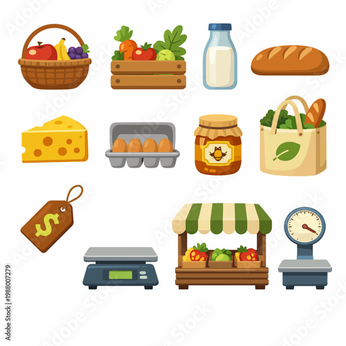 Collection of grocery items including fruits, vegetables, dairy, and scales for shopping