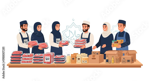 A vector illustration depicts a diverse group of people participating in an Eid charity event, sharing meat and food donations with those in need, arranged on a table against a clean white