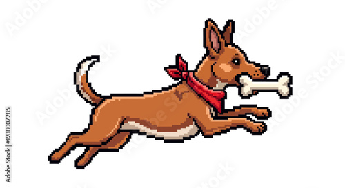 Pixel Art Dog Running with Bone and Red Bandana.